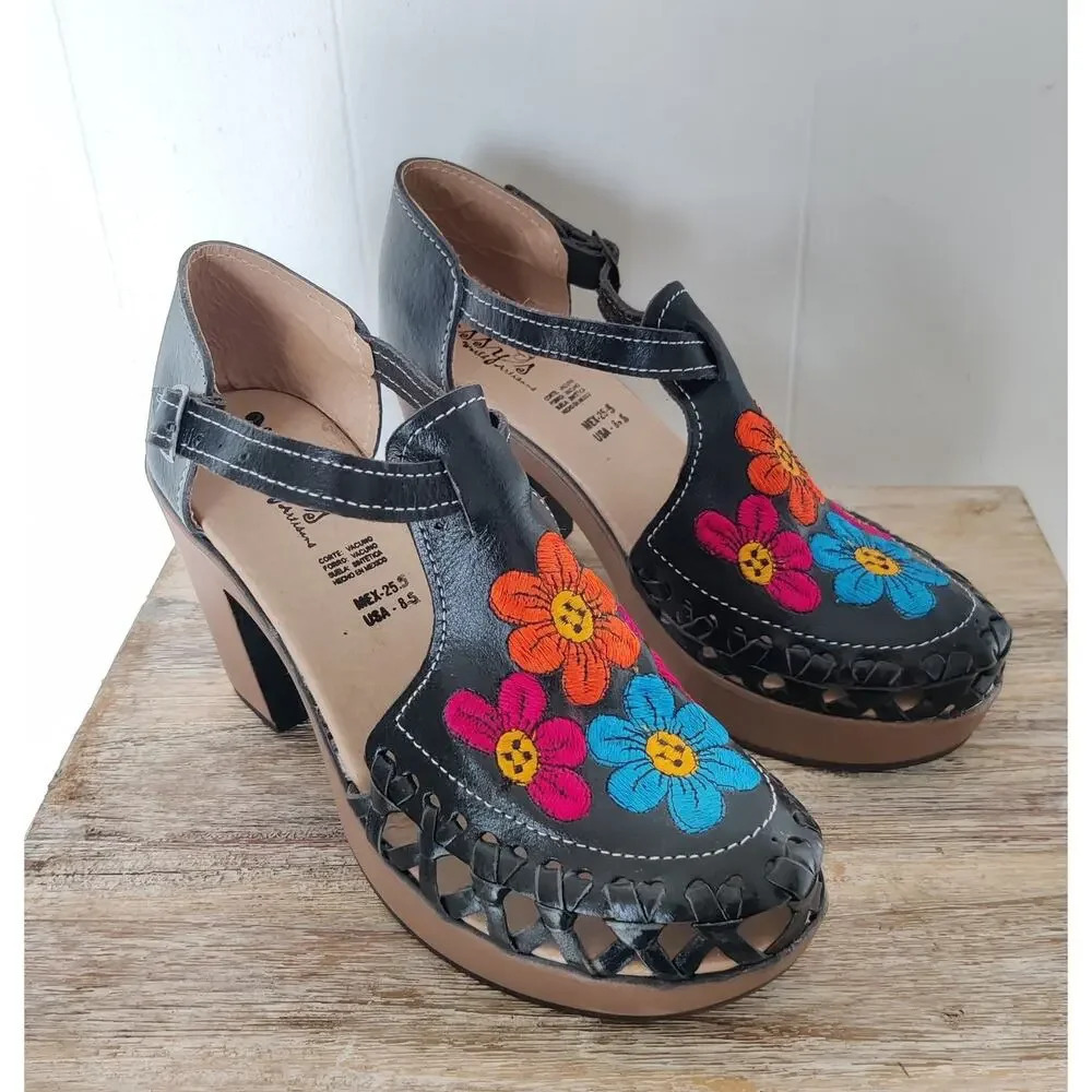 Mexican Heeled Black Sandals Huarache Genuine‎ Leather Floral Embroidered 8.5 M - Picture 4 of 9